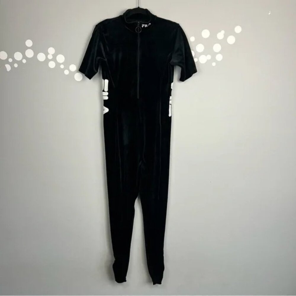 FILA Rosalind Black Velour Jumpsuit L Half Zip Logo Bodycon Catsuit